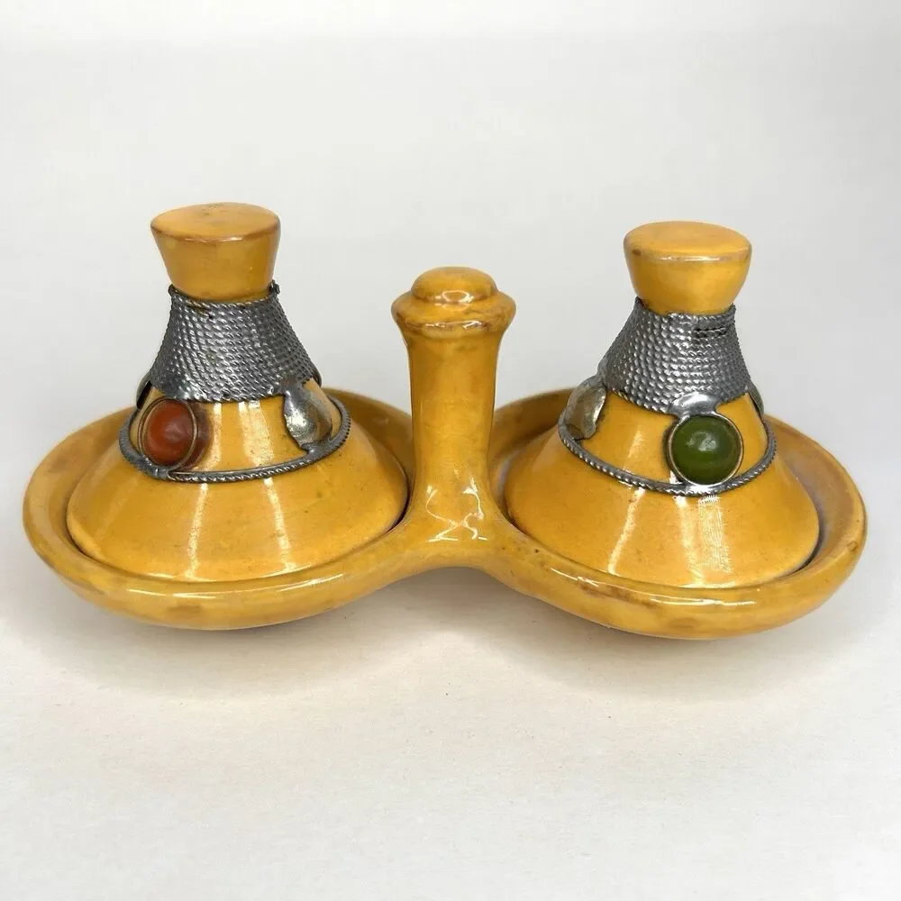 Yellow Ceramic Moroccan Mini Tagine Spice and Condiment Holder with Jewels